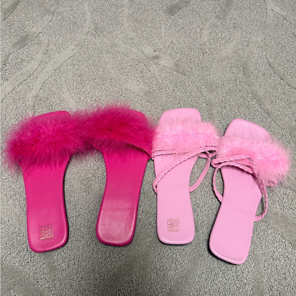 Set of 2- Women’s Pink Feather Slide Sandals - Plush Fur Detail